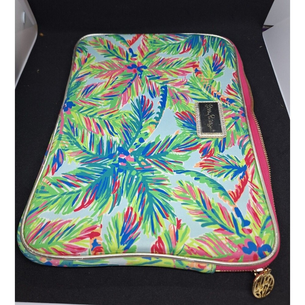 Lilly Pulitzer 13" Laptop Sleeve Padded Neoprene Pink Green Palm Tree Print Zip